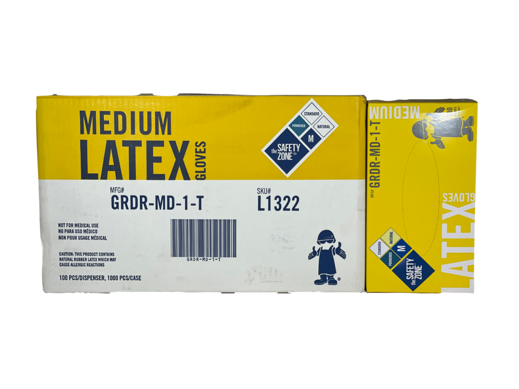 Latex Gloves are available in small, medium, large, and extra large